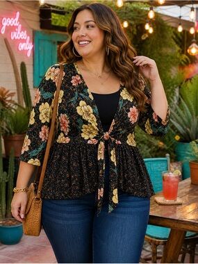 Torrid Floral Tie Front Kimono Cardigan Peplum Top Size 00
